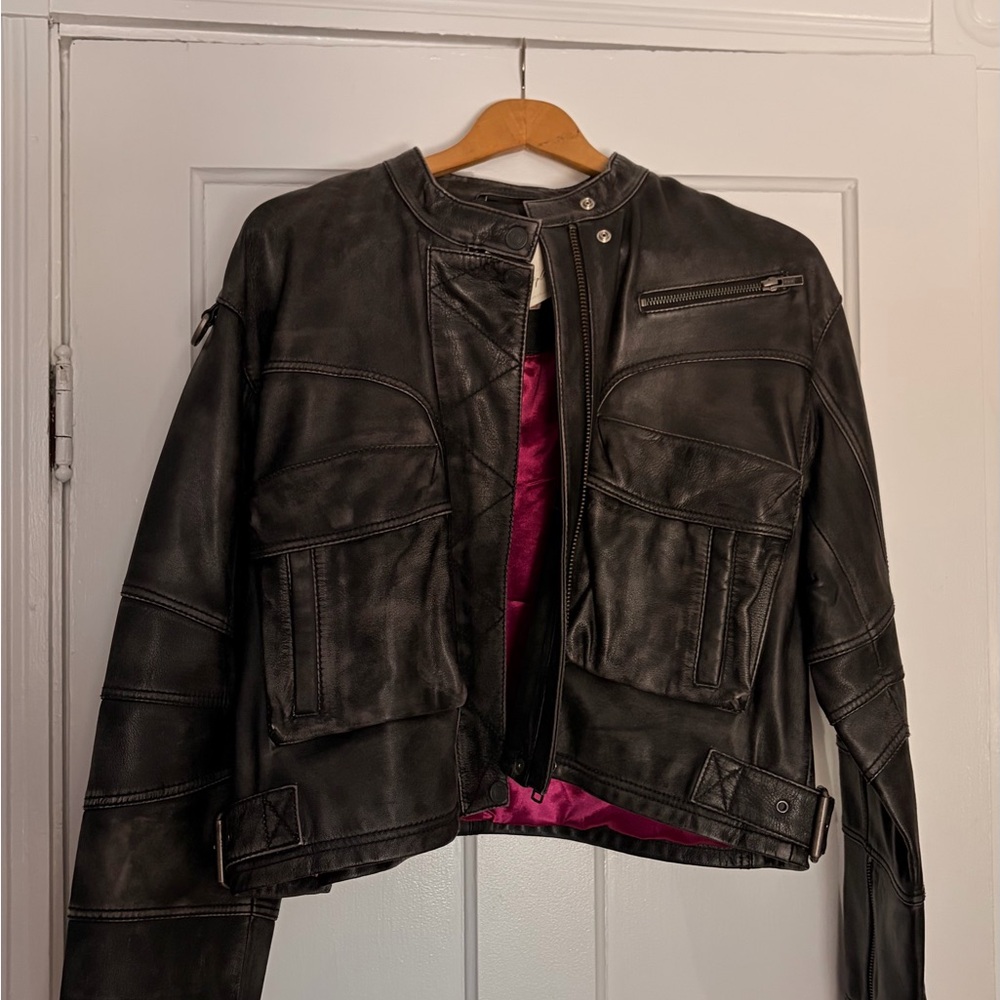 Free People We The Free Black Leather Jacket with Magenta Lining